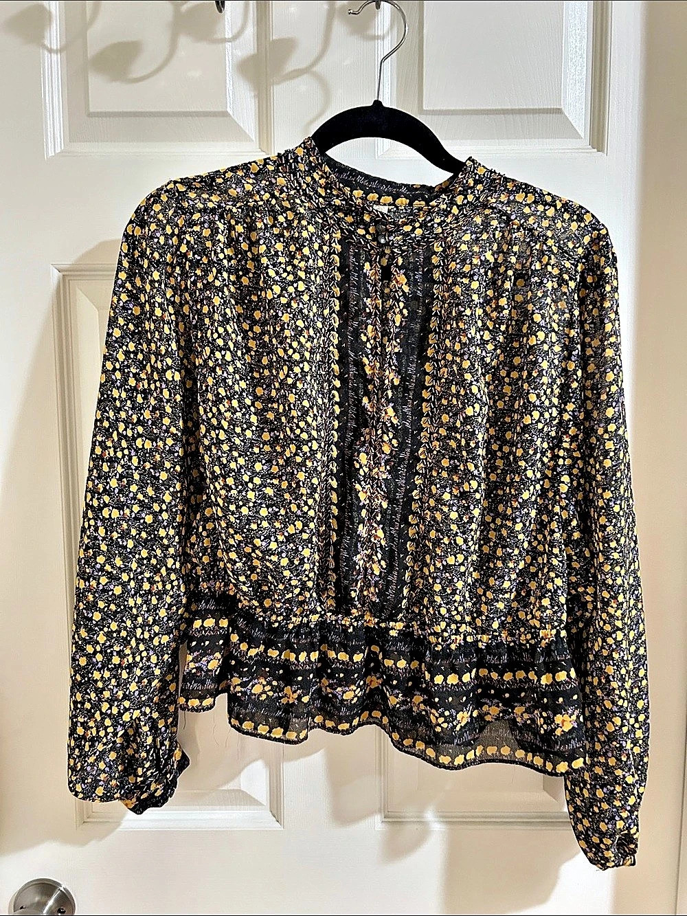 Free People Floral Beaded Blouse Black & Yellow Small
